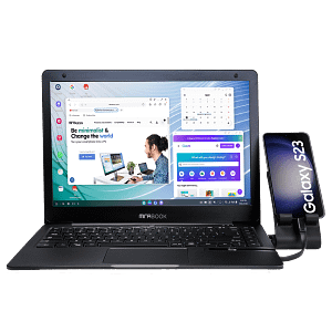 MiraBook Galaxy S23 Lapdock, DeX compatible, desktop mode, Mirabook, 13 Inch, Midnight Black, AZERTY Français, 45W Power Adapter, USB-C Quick Charge, HDMI Output, 3.5 mm Audio Jack, USB A 3.0, SD Reader